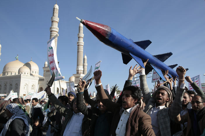 Houthi supporters attend a rally in support of the Palestinians in the Gaza Strip and against the U.S.-led airstrikes on Yemen, in Sanaa, Yemen, Friday, Jan. 26, 2024.