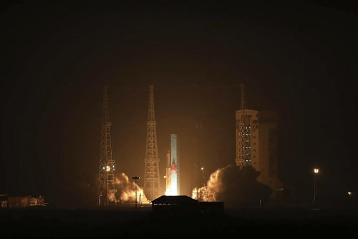 This photo released by the Iranian Defense Ministry on Sunday, Jan. 28, 2024, claims to show a satellite carrier is launched at the Imam Khomeini Spaceport in Iran's rural Semnan province. Iran said Sunday it successfully launched three satellites into space, the latest for a program that the West says improves Tehran's ballistic missiles.