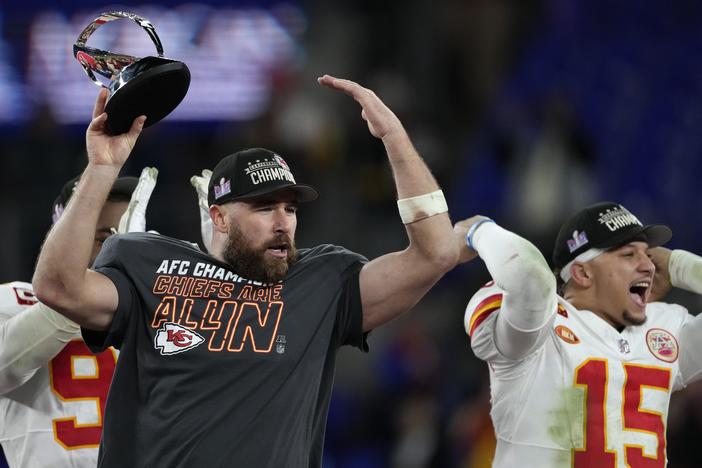 Kansas City Chiefs tight Travis Kelce, left, and quarterback Patrick Mahomes celebrate the AFC conference win on Sunday against the Baltimore Ravens.
