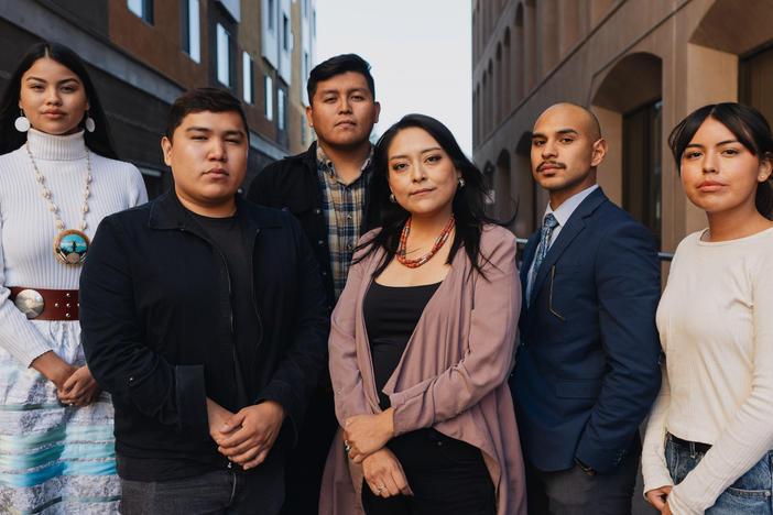 Left to right: Lourdes Pereira, 23, Matthew Holgate, 23, Alec Ferreira, 25, Shelbylyn Henry, 32, Xavier Medina, 25, and Nalani Lopez, 19. The six voters met with NPR at the Phoenix Indian Center in downtown Phoenix.