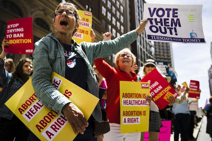 Women's rights advocates demonstrate against abortion bans in May 2019, in Philadelphia.