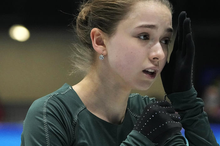 Kamila Valieva, of the Russian Olympic Committee, trains at the 2022 Winter Olympics in Beijing. (AP Photo/Jeff Roberson)