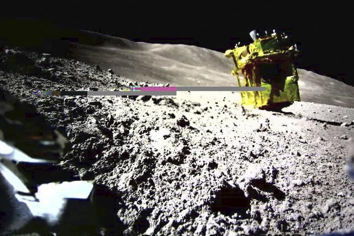 This image provided by the Japan Aerospace Exploration Agency shows an image taken by a Lunar Excursion Vehicle of a robotic moon rover called Smart Lander for Investigating Moon, or SLIM, on the moon.