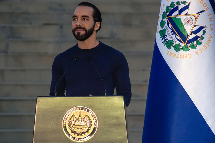 President Nayib Bukele speaks on Nov. 20, 2023, in La Libertad, El Salvador. Bukele was reelected in a landslide.