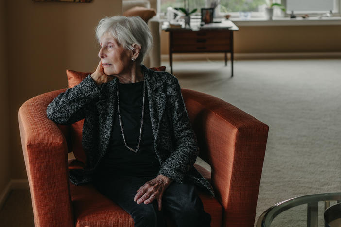 Estelle Laughlin, 94, survived the Nazi concentration camps along with her older sister and mother. She was photographed in her living room in Lincolnshire, Illinois, on October 6, 2023.