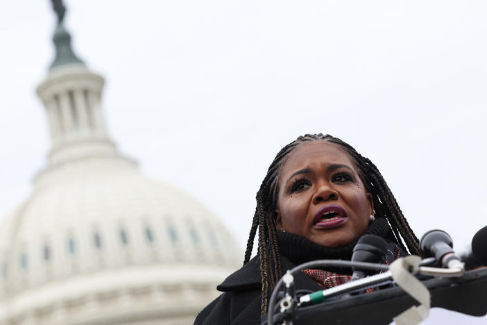 Rep. Cori Bush, D-Mo., speaks at a press conference on the Israel-Hamas war outside of the Capitol late last year.