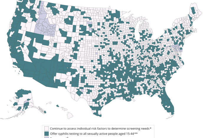 This image provided by the CDC shows counties, shaded in teal, where federal officials suggest offering syphilis testing to all sexually active people between the ages of 15 and 44.