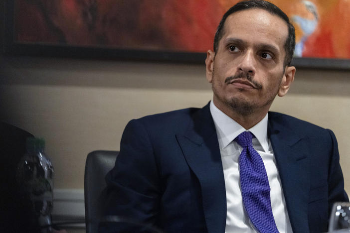 Qatari Prime Minister Sheikh Mohammed bin Abdulrahman bin Jassim Al-Thani, attends a news conference about the Israel-Hamas war.