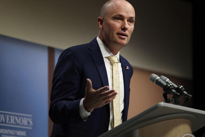 Utah Gov. Spencer Cox is shown speaking at the PBS Utah Governor's Monthly News Conference at the Eccles Broadcast Center in Salt Lake City, Oct. 19, 2023.