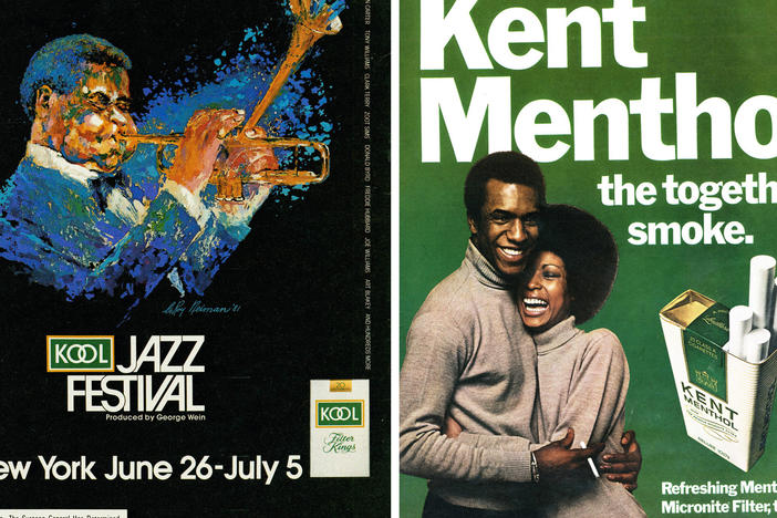Left: A Kool cigarettes advertisement targeting Black communities for a sponsored event, the <em>Kool Jazz Festival</em>; Right: A Kent cigarettes ad targeting Black smokers.