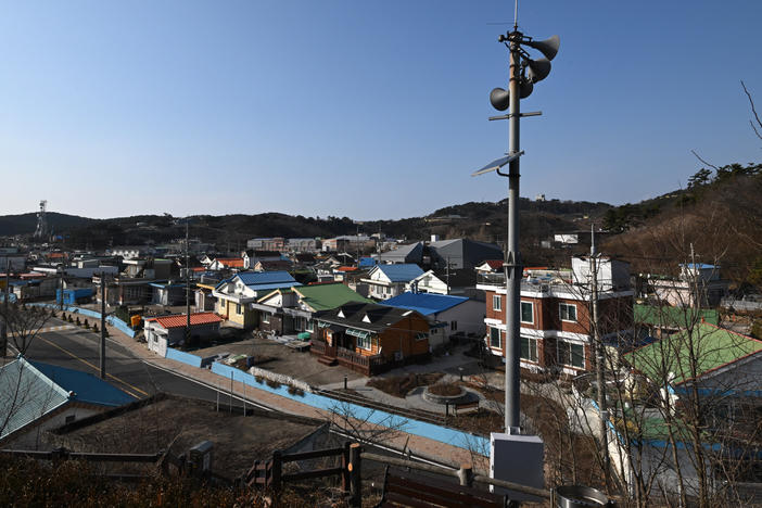 Loudspeakers in a village of Yeonpyeong island, near the Northern Limit Line sea boundary with North Korea, on Jan. 6, a day after North Korean shelling. North Korea fired an artillery barrage near two South Korean border islands on Jan. 5, Seoul's defense ministry said, prompting a live-fire drill by the South's military.