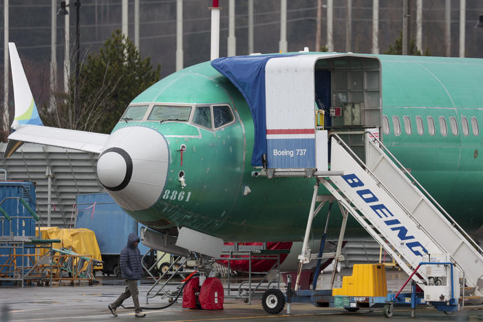 An unpainted Boeing 737 Max 8 is parked at Renton Municipal Airport adjacent to Boeing's factory in Renton, Wash. on January 25, 2024. Boeing is still reeling from the fallout of an Alaska Airlines 737 Max 9 which lost a part of its fuselage in mid-flight earlier in the month.