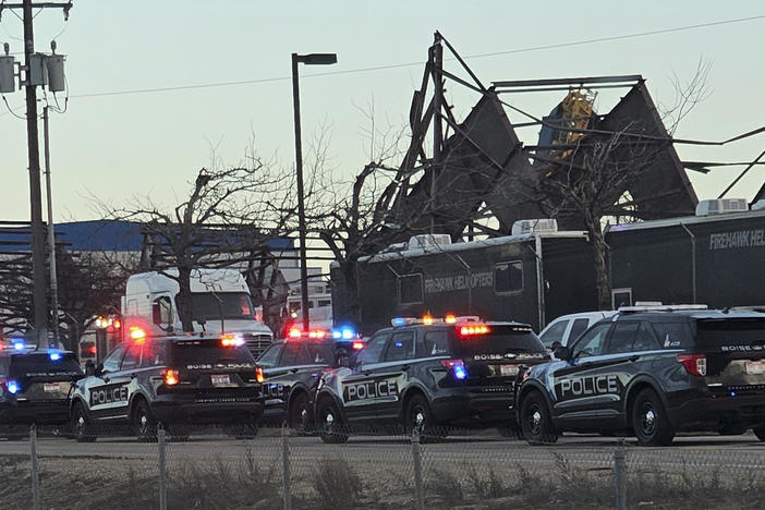 Authorities respond to the scene of a reported building collapse near the Boise Airport on Wednesday, Jan. 31, 2024, in Boise, Idaho.