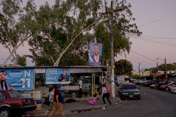 Banner with the face of President Nayib Bukele on the roof of the pupusas restaurant of Arnulfo Crisostomo Mazariego in San Salvador on Jan. 29.
