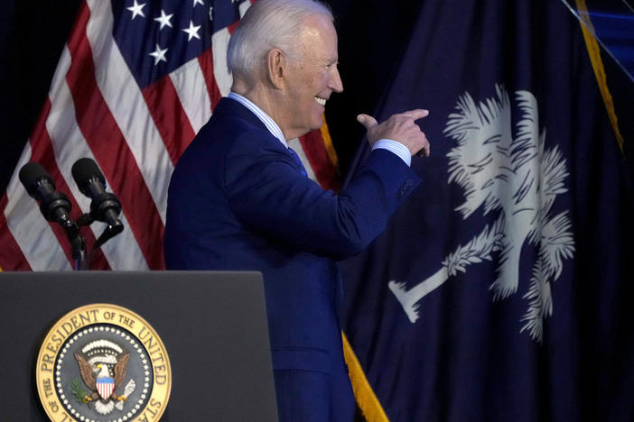 President Biden walks offstage after speaking at South Carolina's First in the Nation dinner in Columbia, S.C., on Jan. 27.