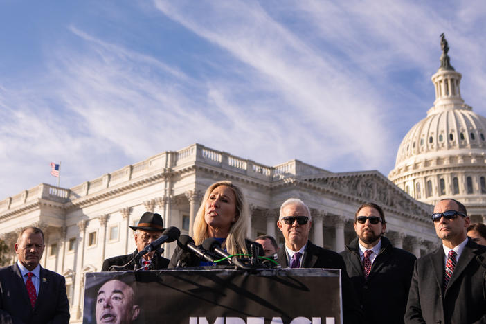 Rep. Marjorie Taylor Green, R-Ga., speaks during a news conference about impeaching Department of Homeland Security Secretary Alejandro Mayorkas last winter.