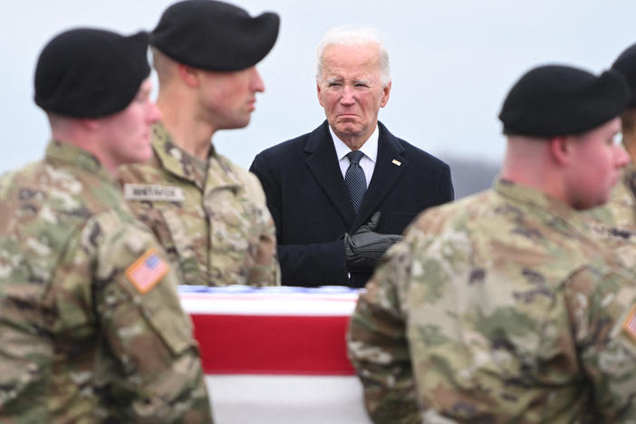 President Biden watches the dignified transfer of the remains of the three U.S. service members killed in the drone attack in Jordan, at Dover Air Force Base in Dover, Del., on Feb. 2.