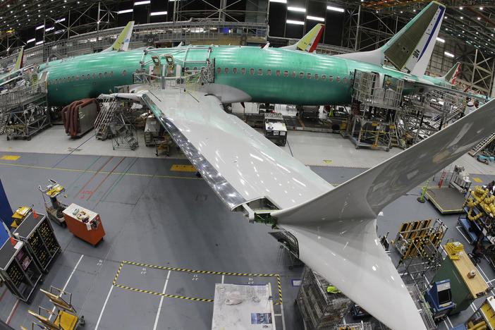 A 737 Max 8 undergoes final assembly inside Boeing's factory in Renton, Wash., on March 27, 2019. Kansas-based Spirit AeroSystems makes the fuselages and ships them to Washington. A series of production issues at Spirit have led to problems.