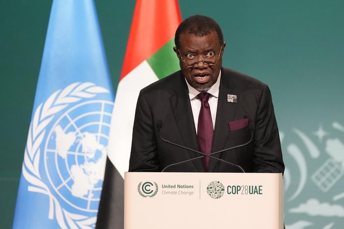 FILE - Namibia President Hage Geingob speaks during a plenary session at the COP28 U.N. Climate Summit, on Dec. 1, 2023, in Dubai, United Arab Emirates. Namibian president has died in a hospital where he was receiving treatment, his office said Sunday, Feb. 4, 2024.