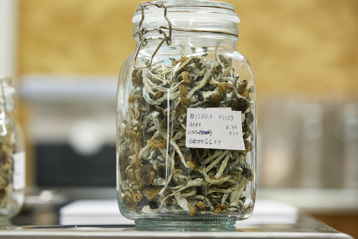 Psilocybin mushrooms jarred and ready for distribution at Uptown Fungus lab in Springfield, Ore. Oregon has decriminalized the use of the psychedelic drug.