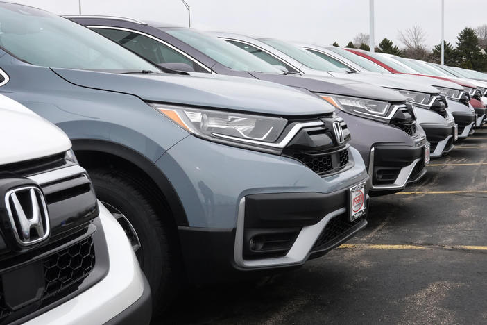 Cars sit on the lot at a Honda dealership on March 25, 2021, in Elgin, Ill. Many 2020 to 2022 models are affected by a new recall.