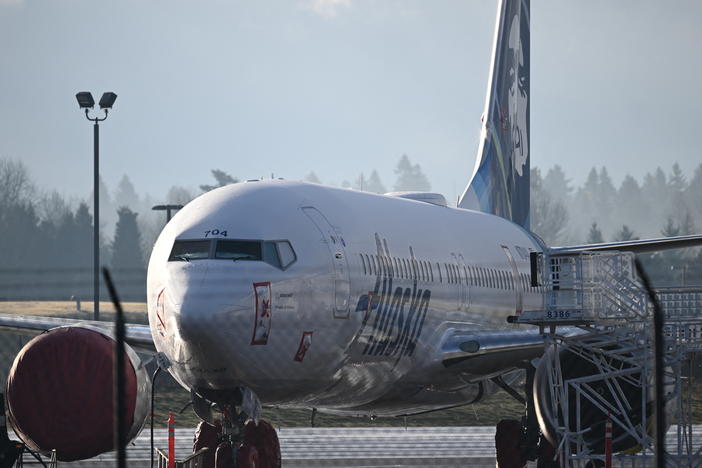 An Alaska Airlines 737 Max 9 that made an emergency landing at Portland International Airport on Jan. 5 is parked in Portland, Ore., on Jan. 23. A door plug blew out shortly after the plane took off from Portland. There were no serious injuries, but it has renewed concerns about Boeing and production lapses.