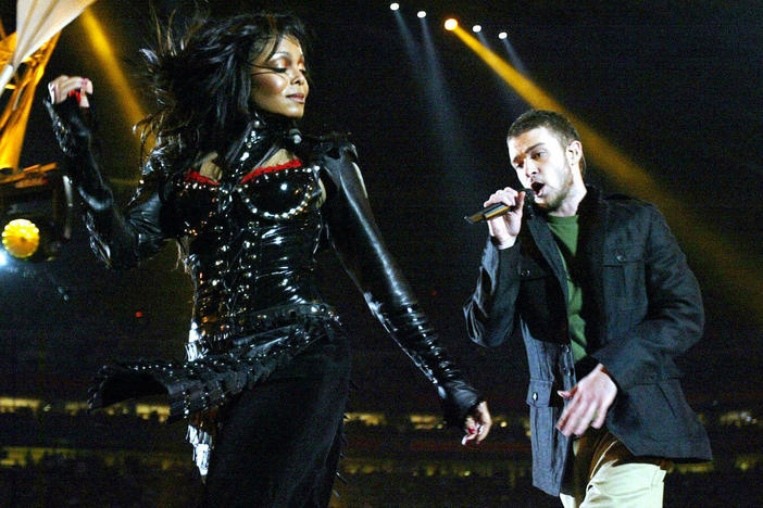 Janet Jackson and Justin Timberlake perform at the Super Bowl halftime show in 2004.