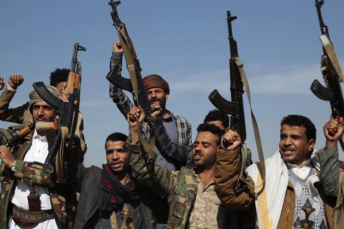 Houthi fighters stage a rally in support of the Palestinians in Gaza and against the U.S.-led airstrikes on Yemen, in Sanaa, Yemen, on Jan. 29.