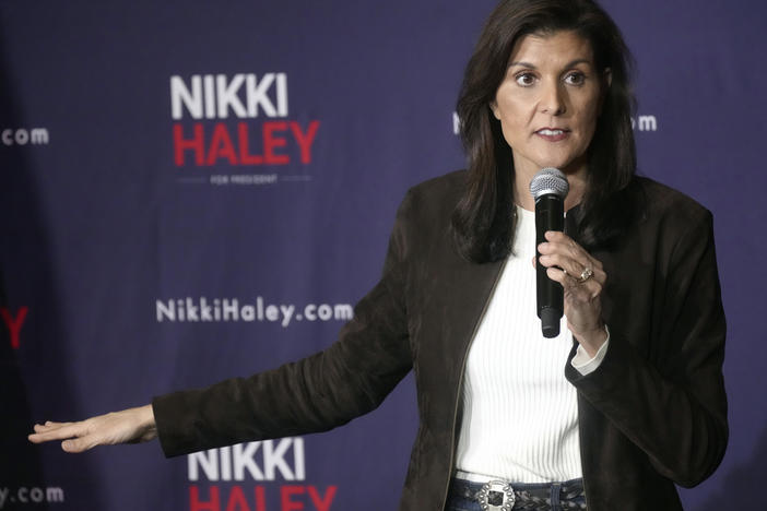 Republican presidential candidate and former U.N. Ambassador Nikki Haley speaks during a campaign rally on Monday in Spartanburg, S.C. Haley has focused her campaign attention and resources on South Carolina, likely causing her loss in Nevada's primary Tuesday to "none of these candidates."