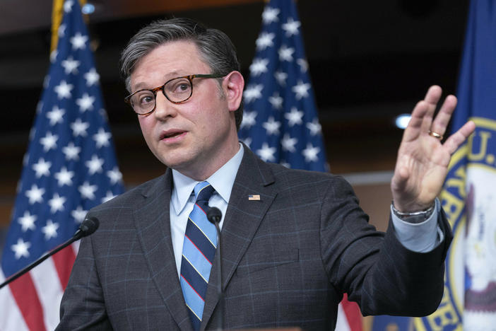 Speaker of the House Rep. Mike Johnson, R-La., speaks during a news conference on Capitol Hill in Washington, Tuesday, Feb. 6, 2024.