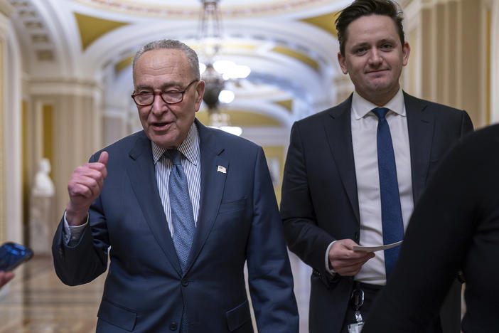 Senate Majority Leader Chuck Schumer, D-N.Y., discusses next steps for the foreign aid package for Ukraine and Israel on the day after the bipartisan Senate border security bill collapsed, at the Capitol in on Wednesday.