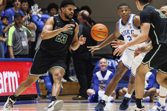 Dartmouth faces Duke in the second half of an NCAA college basketball game in Durham, N.C., on Nov. 6, 2023. The Dartmouth men's basketball team is seeking to become the first unionized team in college sports.