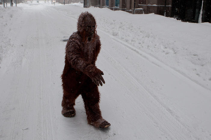 A person dressed as Bigfoot makes their way through the snow during a blizzard in Boston in January 2015. John O'Connor's <em>The Secret History of Bigfoot</em> explores the myth and its lingering appeal.