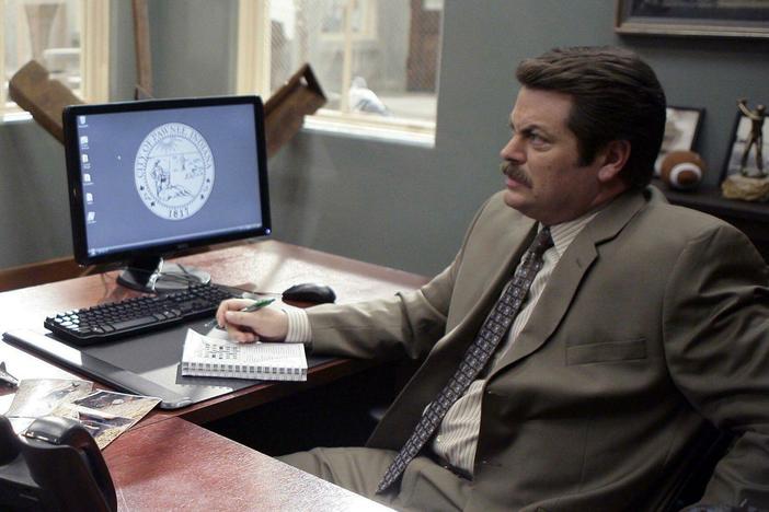Amy Poehler and Nick Offerman in <em>Parks and Recreation</em>.