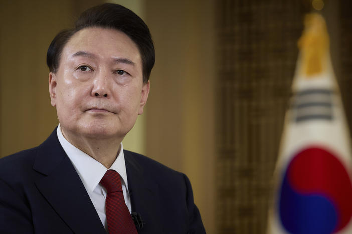 In this image released Feb. 7, 2024, by the Office of the President of South Korea, South Korean President Yoon Suk Yeol gives a pre-recorded interview to the KBS network at the presidential office, on Sunday, Feb. 4, 2024, in Seoul, South Korea.