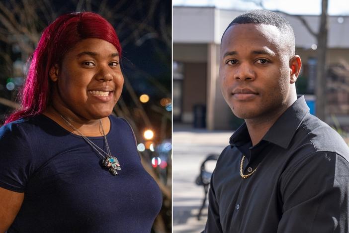 Left: Naomi Harris, 22, is a teacher in Columbia, South Carolina, and is also part of the Union of Southern Service Workers. Right: Tarman-dre Robinson, 24, is a student at Midlands Technical College in Columbia, South Carolina.