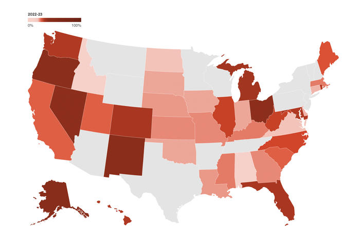 From 2022-2023, chronic absenteeism declined in 33 of the 39 states AEI looked at. But it was still a persistent problem: In a handful of places, including Nevada, Washington, D.C., Michigan, New Mexico and Oregon, roughly 1 in 3 students – or more – were chronically absent.