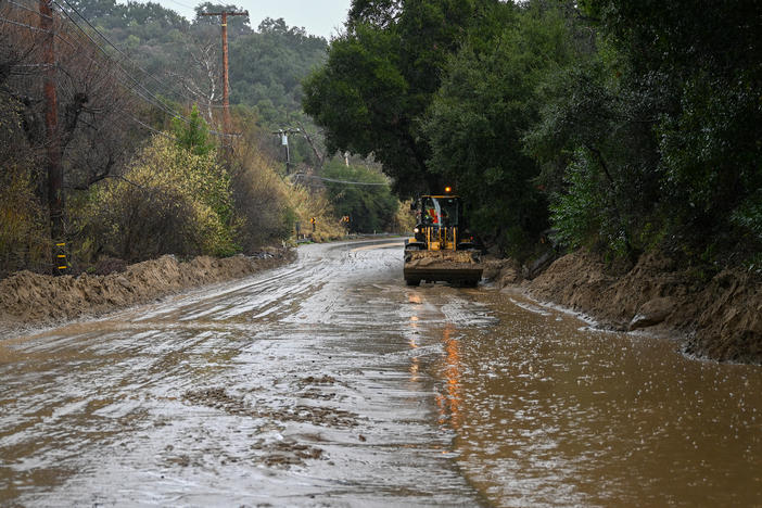 Topanga Canyon Road is closed due to mudslides in Topanga, after atmospheric river storms hit the Los Angeles region.