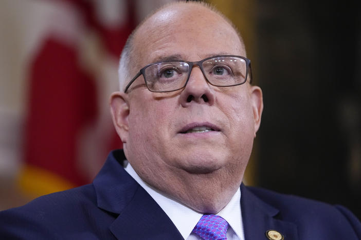 Then-Maryland Gov. Larry Hogan addresses supporters at the Maryland statehouse on Jan. 10, 2023, in Annapolis, Md. Hogan announced Friday he will run for U.S. Senate.