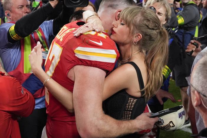 Taylor Swift embraces Kansas City Chiefs tight end Travis Kelce after the NFL Super Bowl 58 football game against the San Francisco 49ers, Sunday, Feb. 11, 2024, in Las Vegas. The Chiefs won 25-22.
