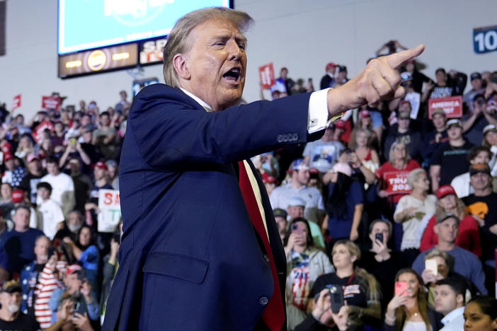 Republican presidential candidate Donald Trump, the former president, gestures to the crowd after speaking at a rally at Coastal Carolina University in Conway, S.C., on Feb. 10.