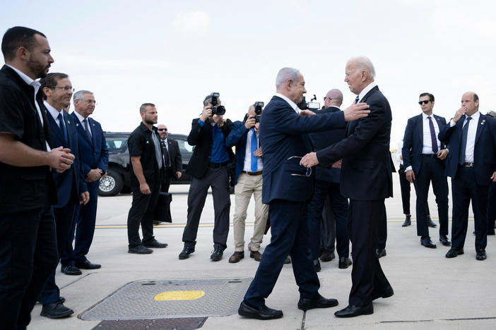 Israel Prime Minister Benjamin Netanyahu greets President Joe Biden upon his arrival in Israel shortly after Hamas' attack on Israel in October of last year.  Israel's conduct of the war with Hamas is testing the relationship between Biden and Netanyahu.