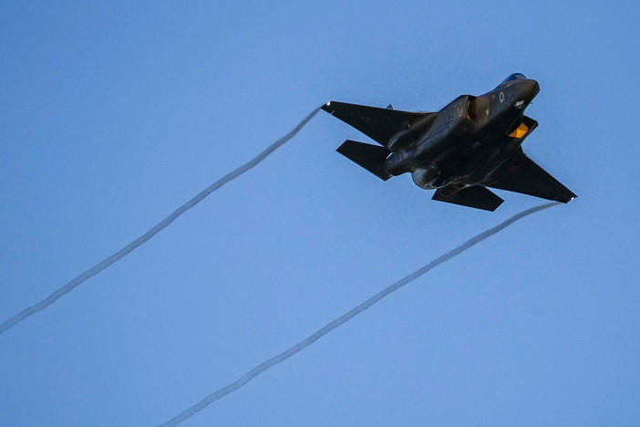 An Israeli air force F-35 warplane flies over during a graduation ceremony for new pilots in Hatzerim air force base near the city of Beersheba, Israel, June 29, 2023.