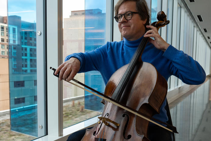 Jan Vogler plays a 1707 Stradivari cello made during Bach's lifetime. He compares it to learning to swim in an Olympic pool: "the pressure on me is more to have imagination to match the instrument."