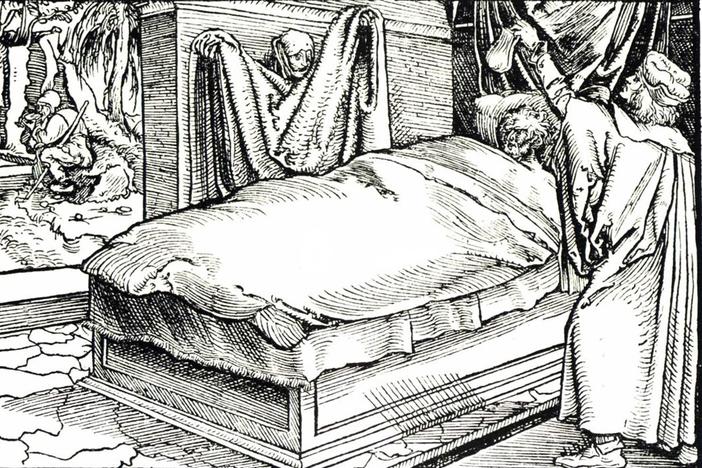 A 15th century woodcut depicts a patient suffering from the bubonic plague. A pandemic of the disease, the Black Death, killed an estimated 50 million people in Europe between 1346 and 1353.