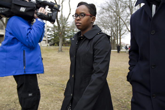 Alicia White, one of six Baltimore city police officers charged in connection to the death of Freddie Gray, will oversee Baltimore Police Department's Public Integrity Bureau. Here, White is seen leaving the Maryland Court of Appeals on Thursday, March 3, 2016, in Annapolis, Md.