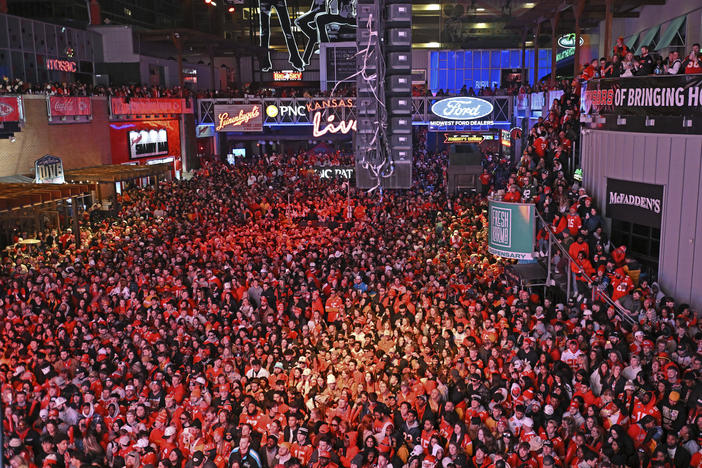 Kansas City Chiefs fans gather for a Super Bowl watch party in Kansas City, Mo., on Sunday. Viewership data show that <a href="https://www.npr.org/2024/02/13/1231058556/most-watched-super-bowl-2024">200 million people</a> saw at least some part of the game.