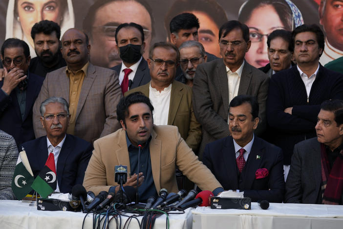 Bilawal-Bhutto Zardari (center bottom), chairman of Pakistan People's Party, speaks as party aids watch during a press conference regarding parliamentary elections, in Islamabad, Pakistan, on Tuesday.