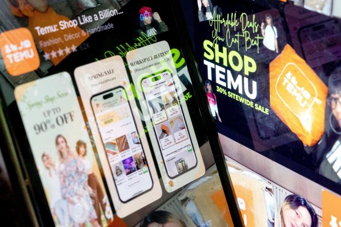 Temu has soared in popularity since it launched in 2022. Here, a photo illustration shows the Temu app in an app store reflected in videos of Temu consumers in Washington, D.C.