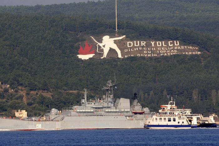 A Russian ship named Caesar Kunikov passes through the Dardanelles strait in Turkey en route to the Mediterranean Sea, on Oct. 4, 2015.